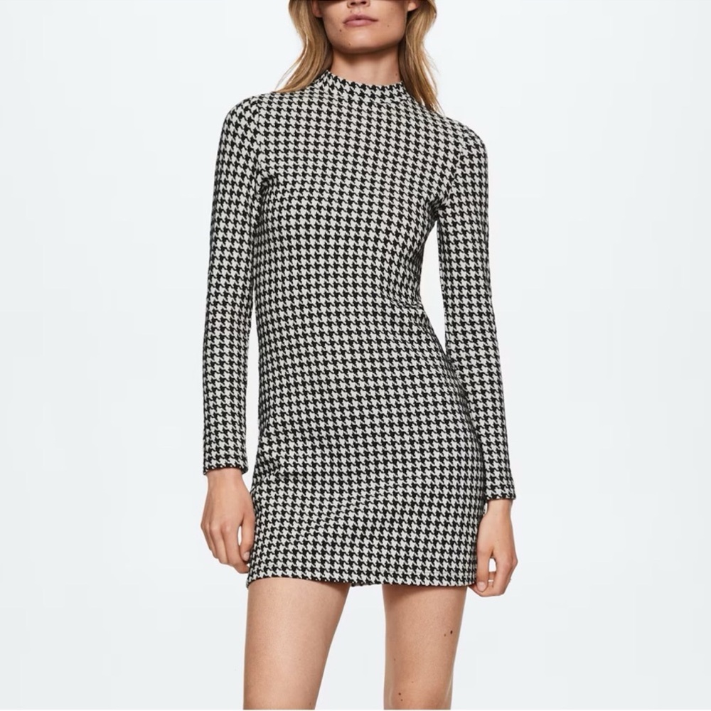 Mango MNG Jacquard Houndstooth Long Sleeve Dress, Black White, Stretch Sz. XXS